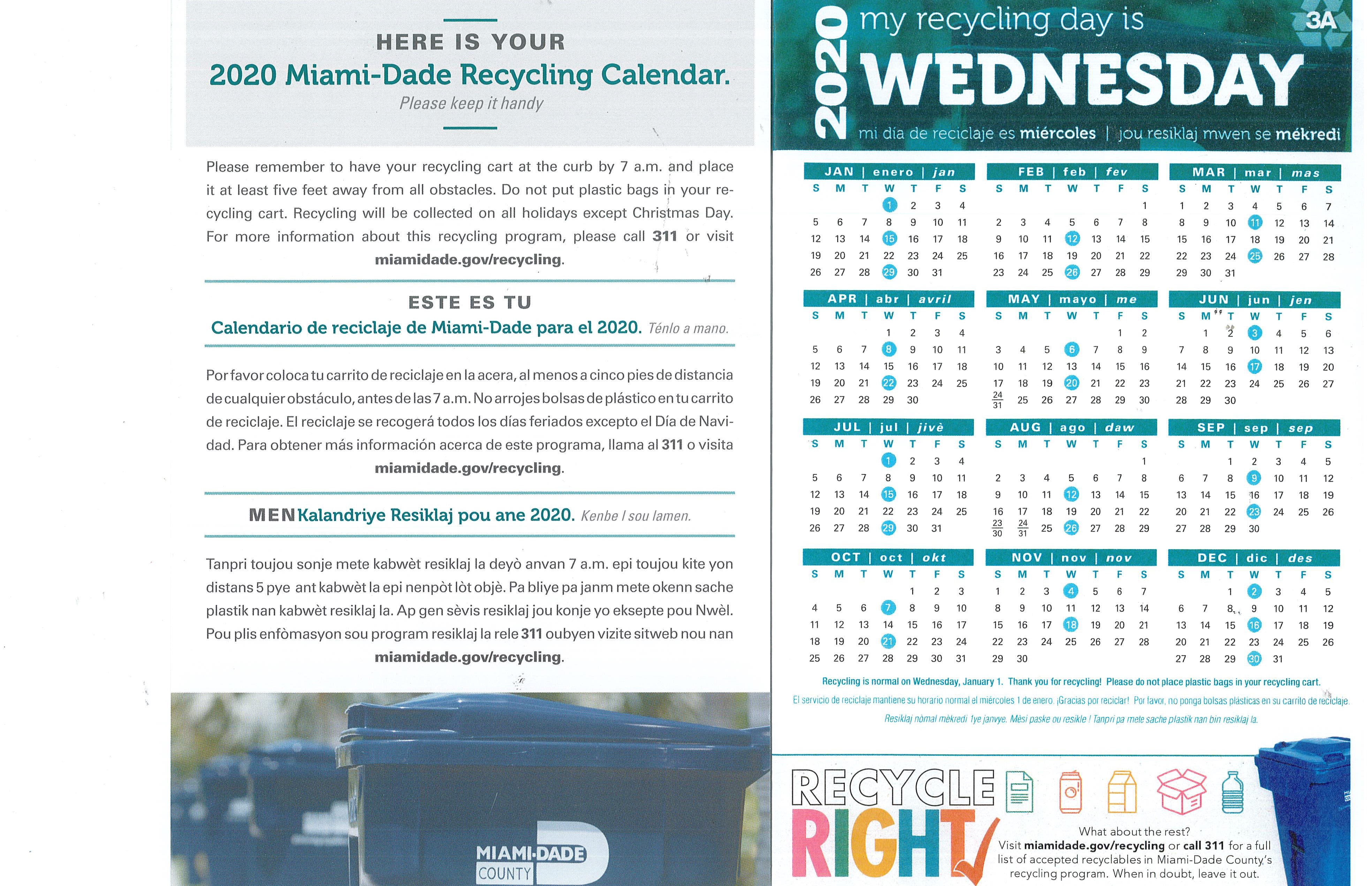 Miami Dade Recycling Schedule 2022 2020 Recycling Calendar | City Of Miami Springs Florida Official Website