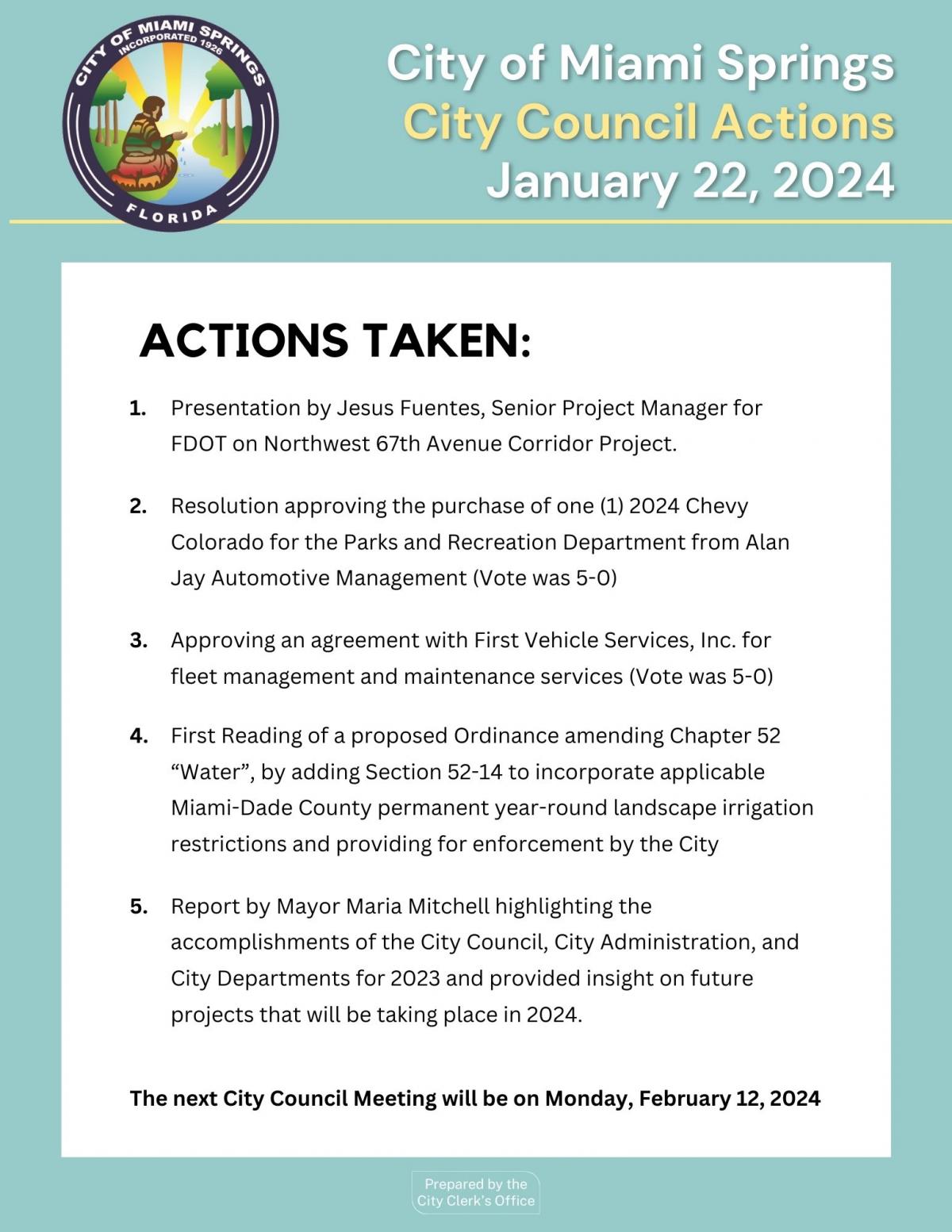 City Council Actions - January 22, 2024