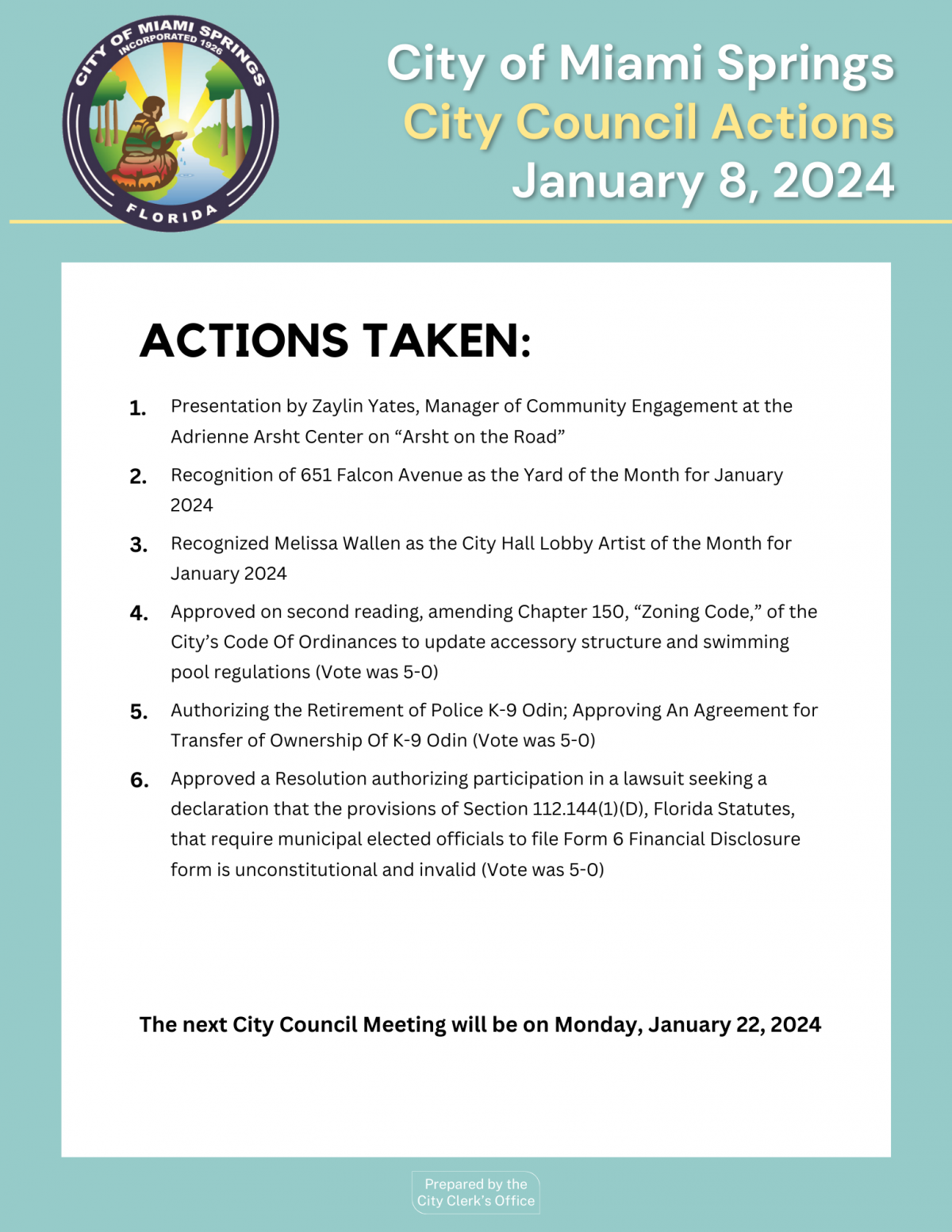 City Council Actions - January 8, 2024