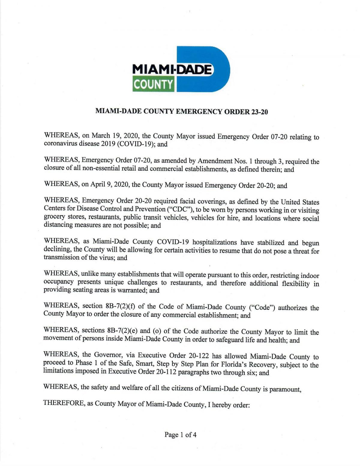 Miami-Dade County Emergency Order 23-20 page 1