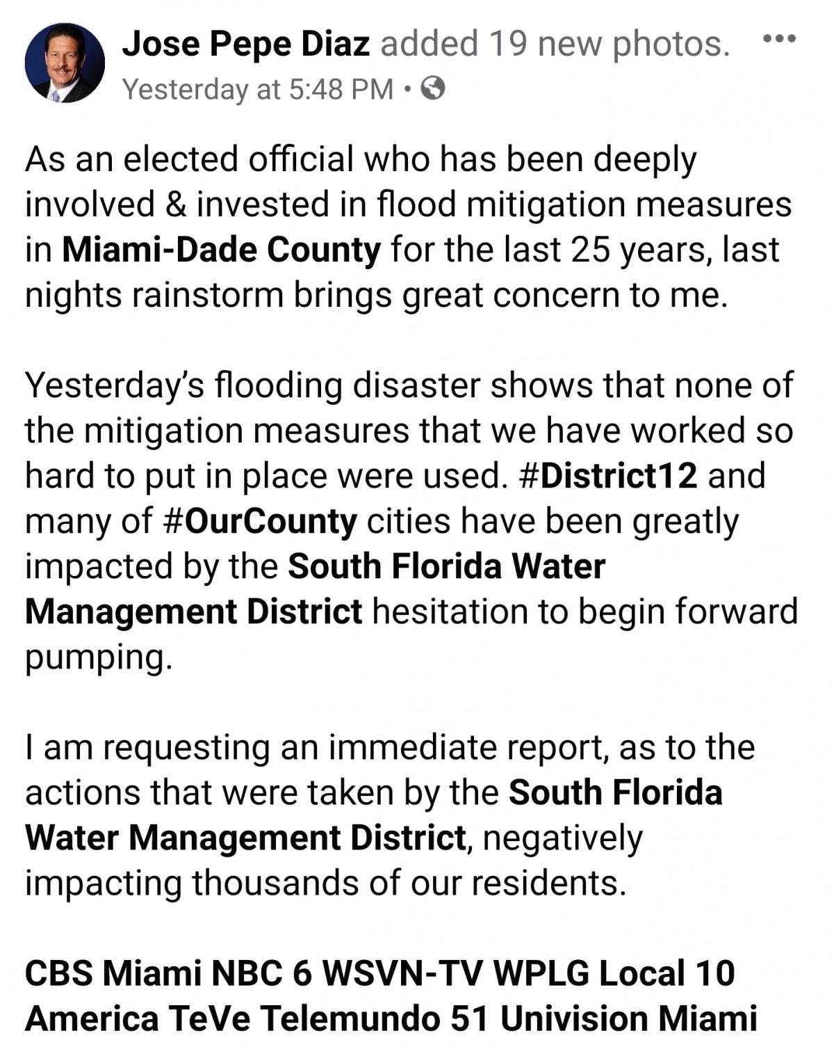 Commissioner Jose "Pepe" Diaz requesting answers from South Florida Water Management District on Why Forward Pumping of Canals a