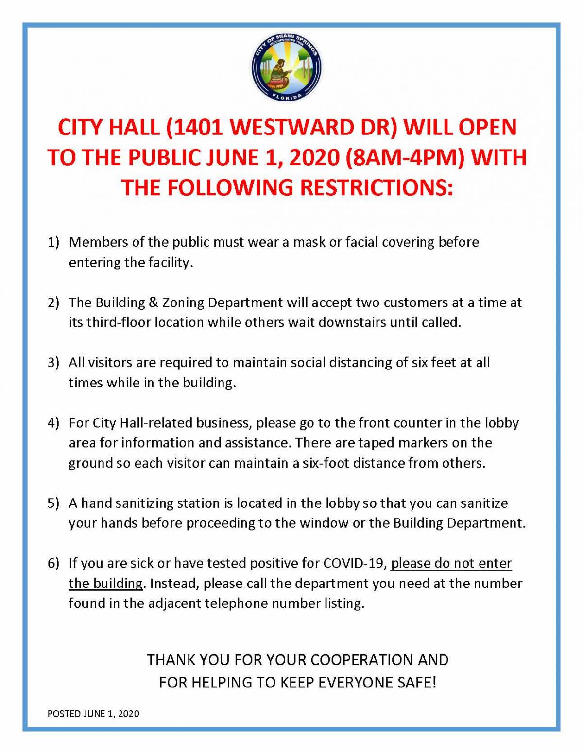 City Hall Offices at 1401 Westward Drive will Open to the Public June 1, 8AM-4PM With Restrictions, Limits, and Facial Coverings