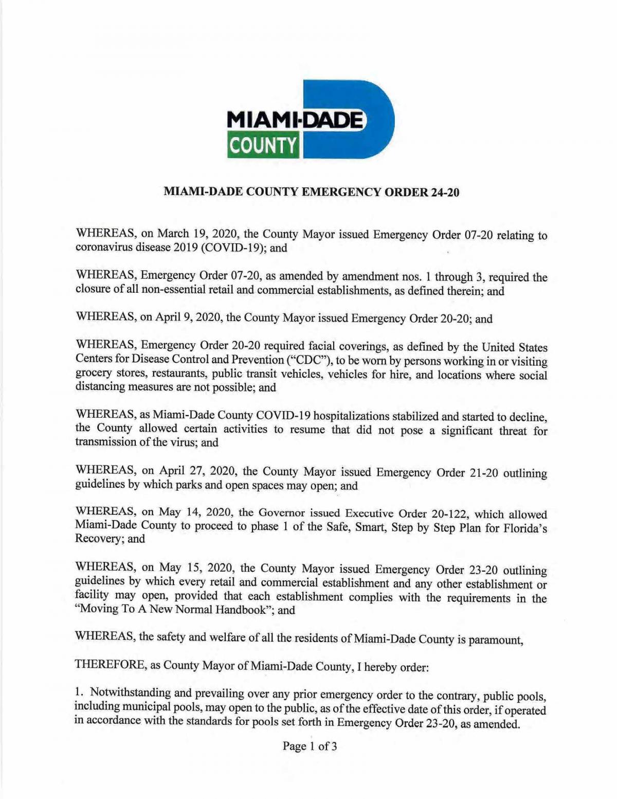 Miami-Dade County Emergency Order 24-20 page 1