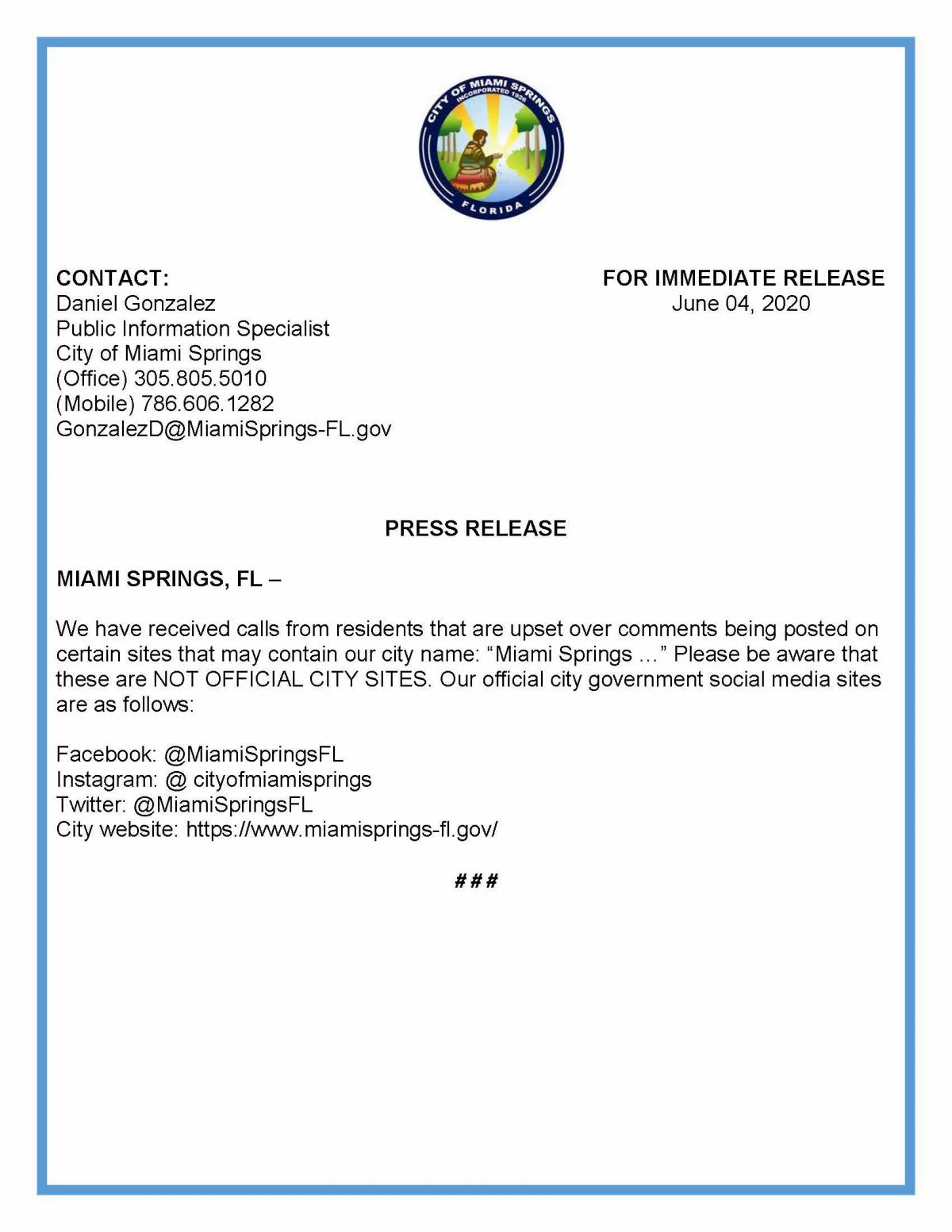 Press Release on Comments Posted on Non-Official City Websites