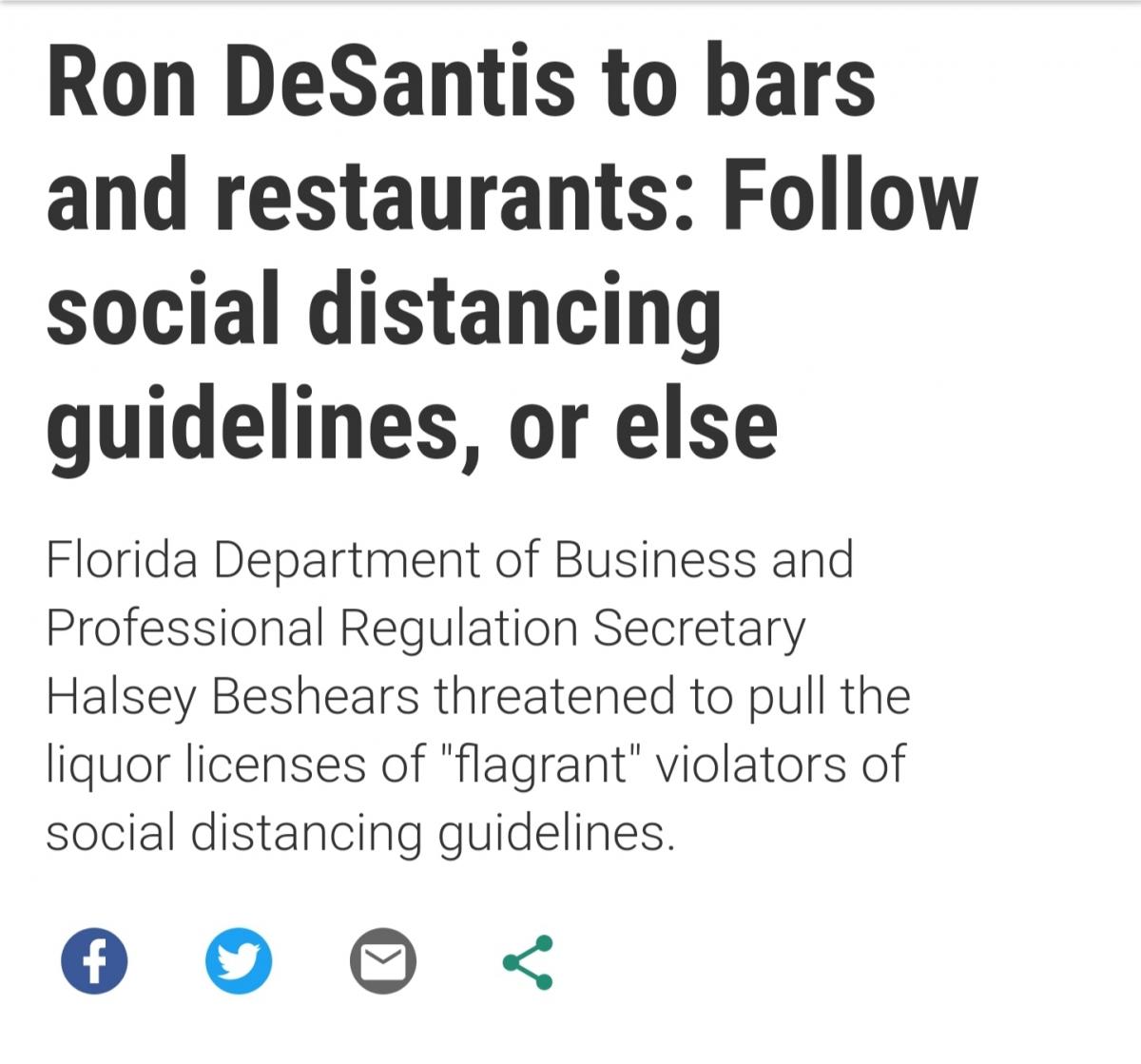 Restaurants & Bars That Do Not Follow Social Distancing Guidelines Now Risk Losing Their Liquor Licenses, Says Gov. DeSantis