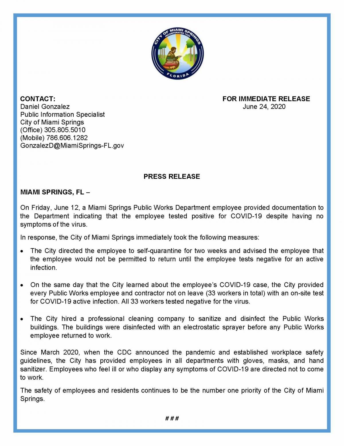 Press Release on Public Works Employee Testing Positive for COVID-19 & Measures Taken