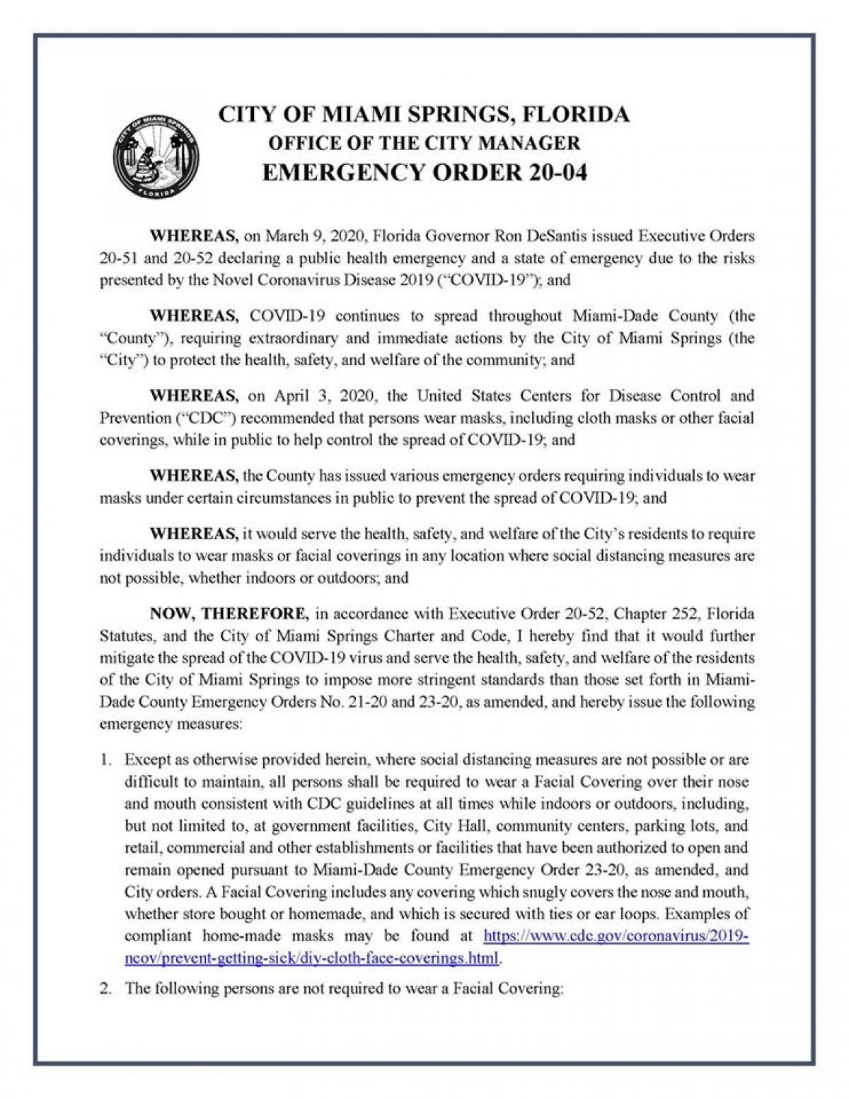 City Emergency Order 20-04 Makes Wearing Facial Coverings or Masks in Public Mandatory (With Certain Exceptions)