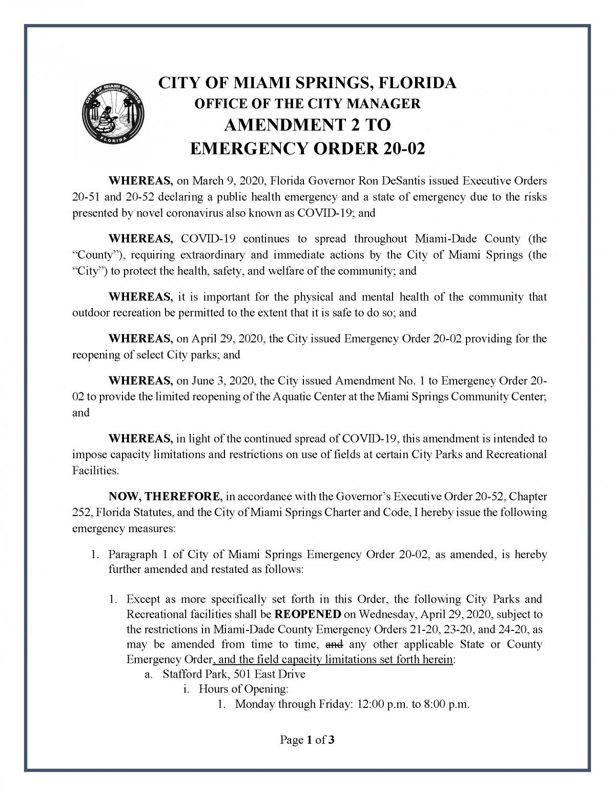 The City of Miami Springs Has Issued Amendment #2 to Emergency Order 20-02 (Effective Noon, June 29, 2020)