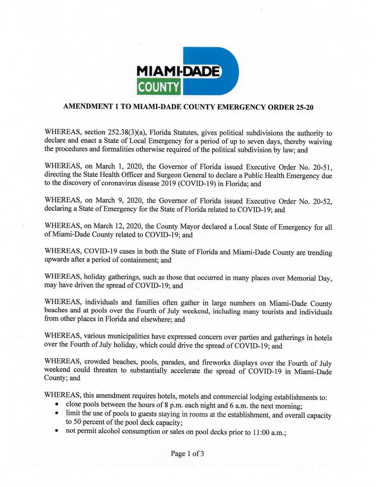 MDC Mayor Gimenez Replaces and Restates Emergency Order 25-20