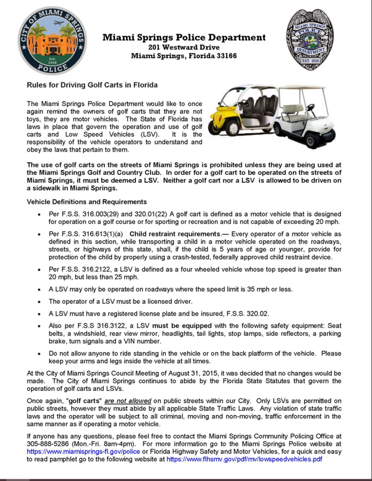 Rules for Driving Golf Carts in Florida City of Miami Springs Florida