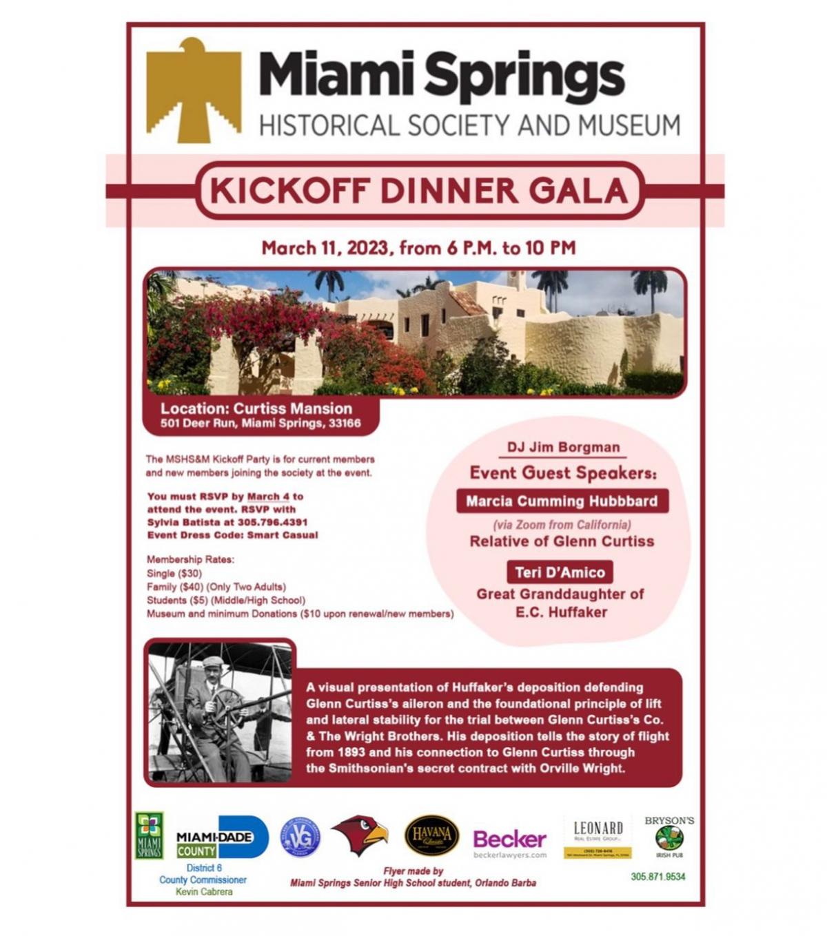 Miami Springs Historical Society and Museum presents Kickoff Dinner Gala on March 11, 2023, from 6 PM to 10 PM 